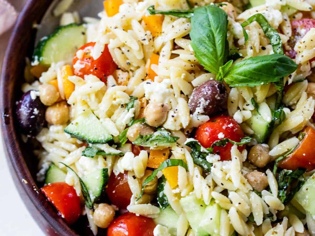 Mediterranean orzo pasta salad in bowl
