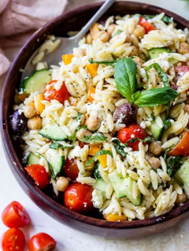 Mediterranean orzo pasta salad in bowl