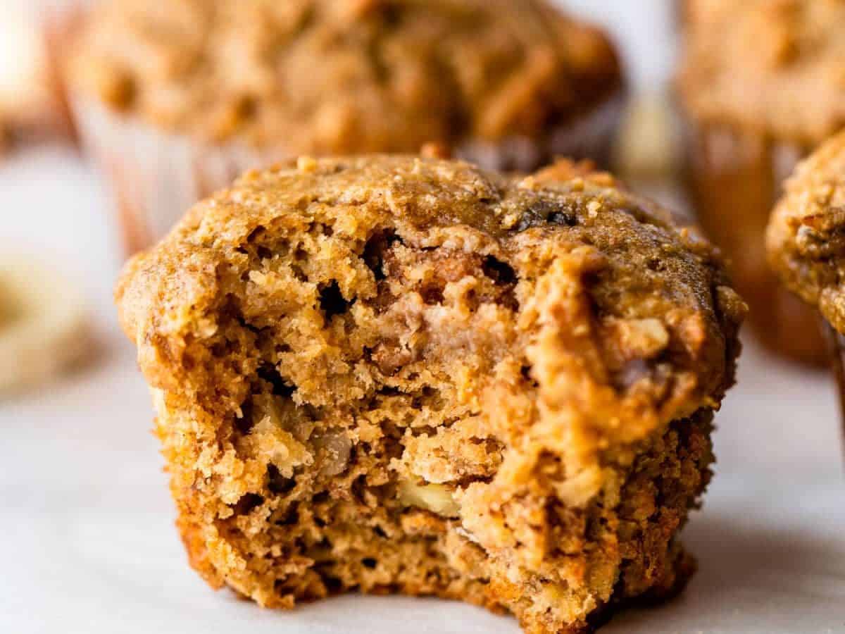 moist healthy banana muffins with a bite taken out