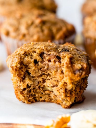 moist healthy banana muffins with a bite taken out
