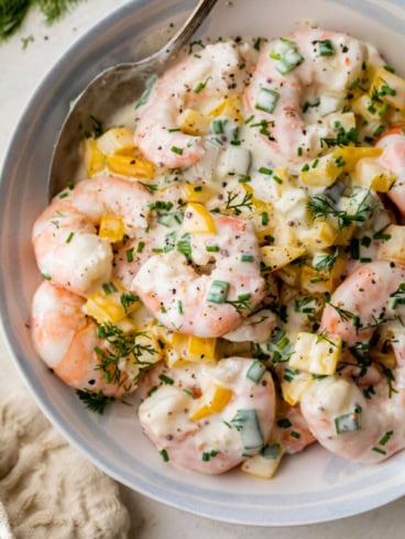 Overhead view of shrimp salad recipe in bowl