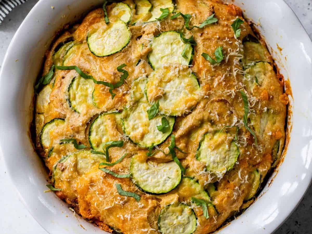 Overhead view of whole zucchini pie in dish