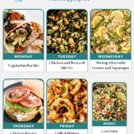 Enjoy a free weekly meal plan featuring easy healthy meals with images of six delicious dishes: vegetarian burrito, chicken and broccoli stir fry, shrimp orzo with lemon and asparagus, chicken burger with air fryer broccoli, grilled shrimp with corn, and corn salsa.