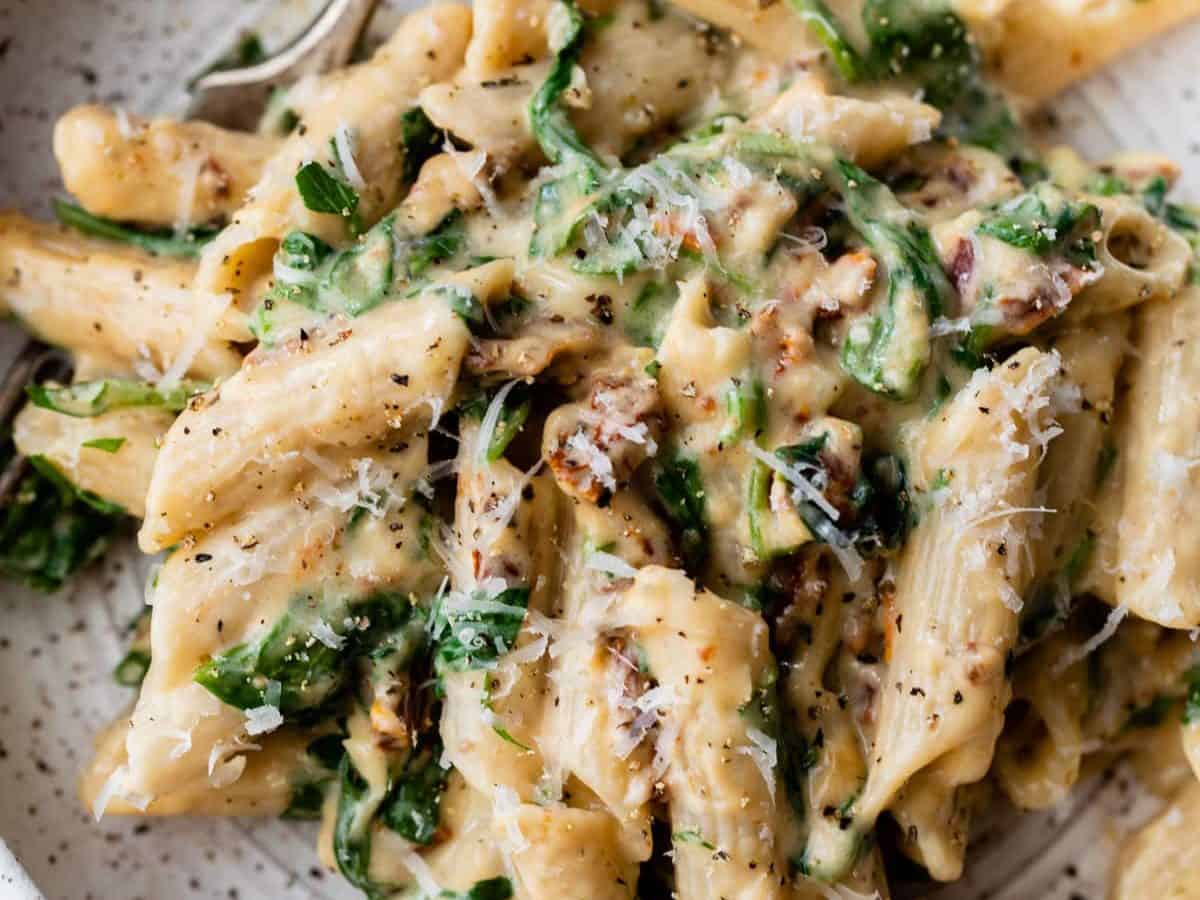 Plate of creamy spinach pasta