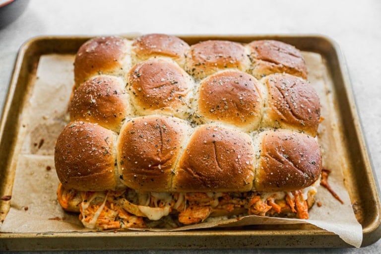Pan of Buffalo chicken sliders