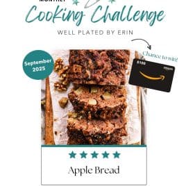 Apple bread slices stacked on parchment with a "$100 Amazon gift card" giveaway for a September 2025 cooking challenge.
