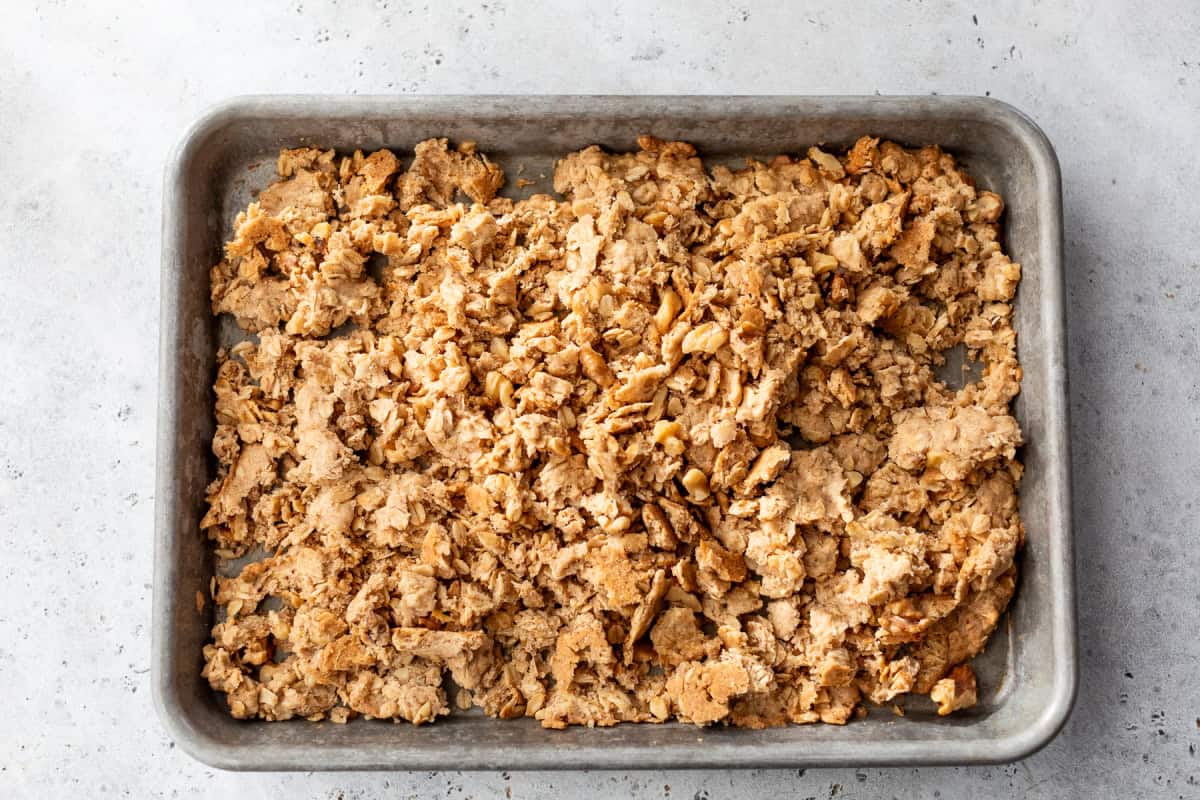 Pear crisp topping baked on sheet pan