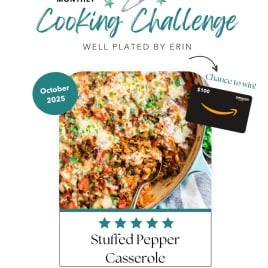 Monthly cooking challenge poster featuring a stuffed pepper casserole and a chance to win a $100 Amazon gift card.
