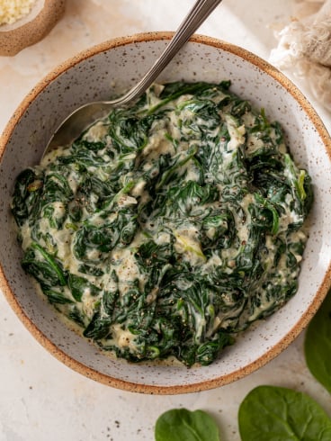 Bowl of creamed spinach with spoon