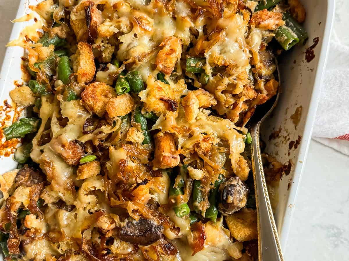 french onion green bean casserole in a casserole dish
