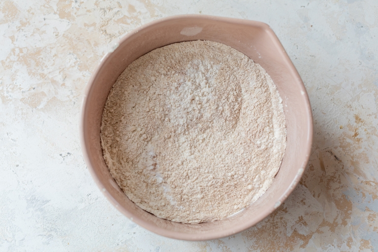 Dry ingredients for pear cake in bowl