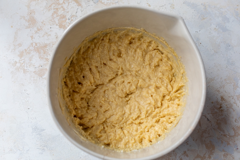 Wet ingredients for pear cake in bowl