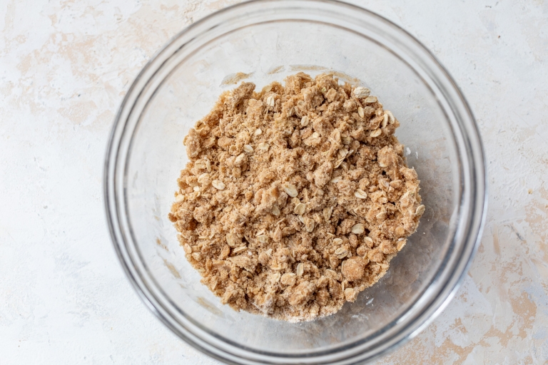 Streusel for pear cake in bowl