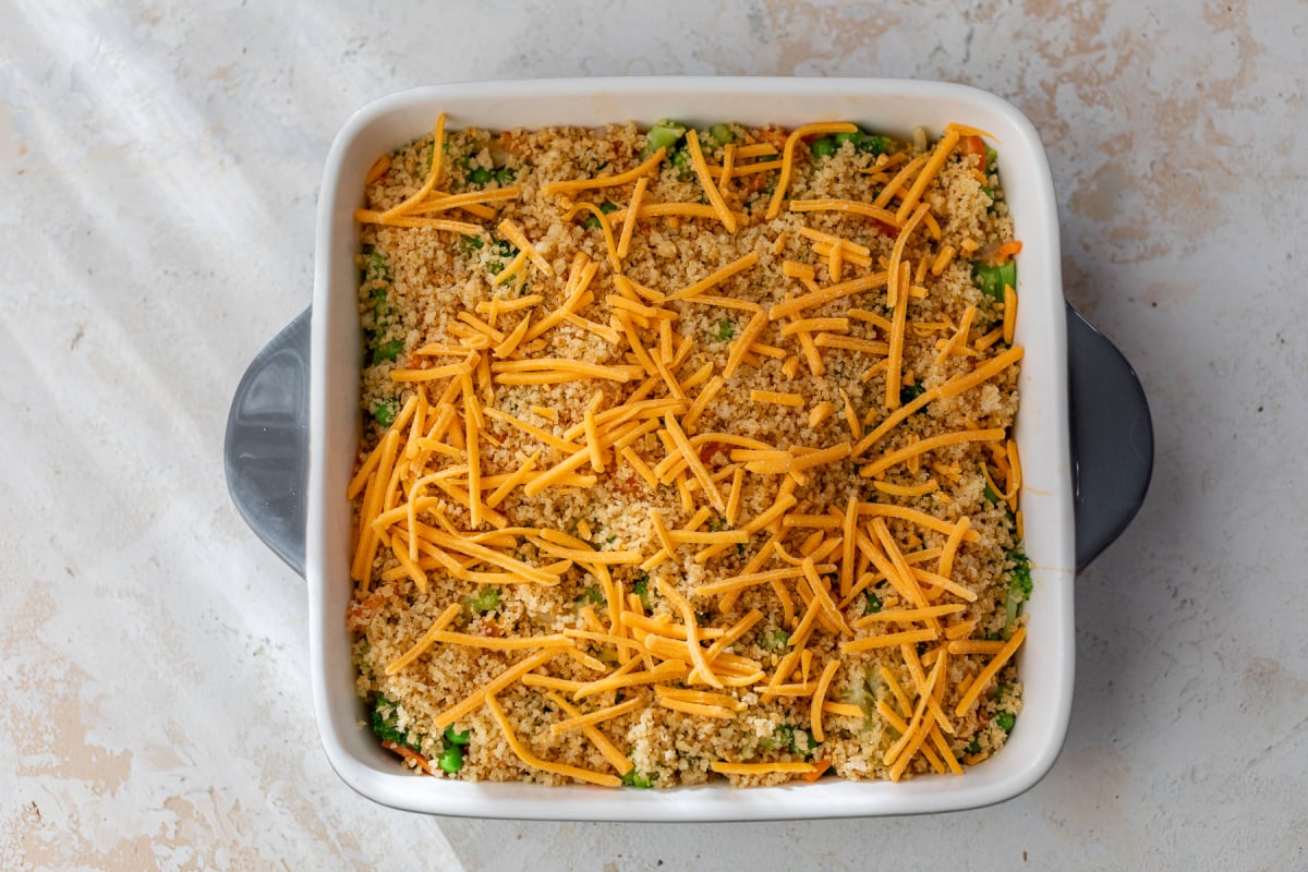 Vegetable casserole in baking dish before cooking