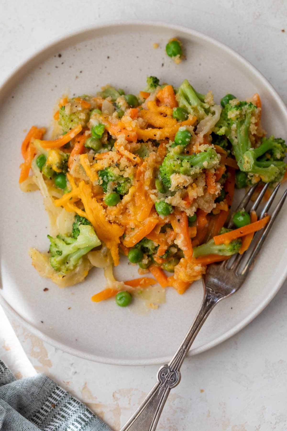 Overhead view of vegetable casserole on plate