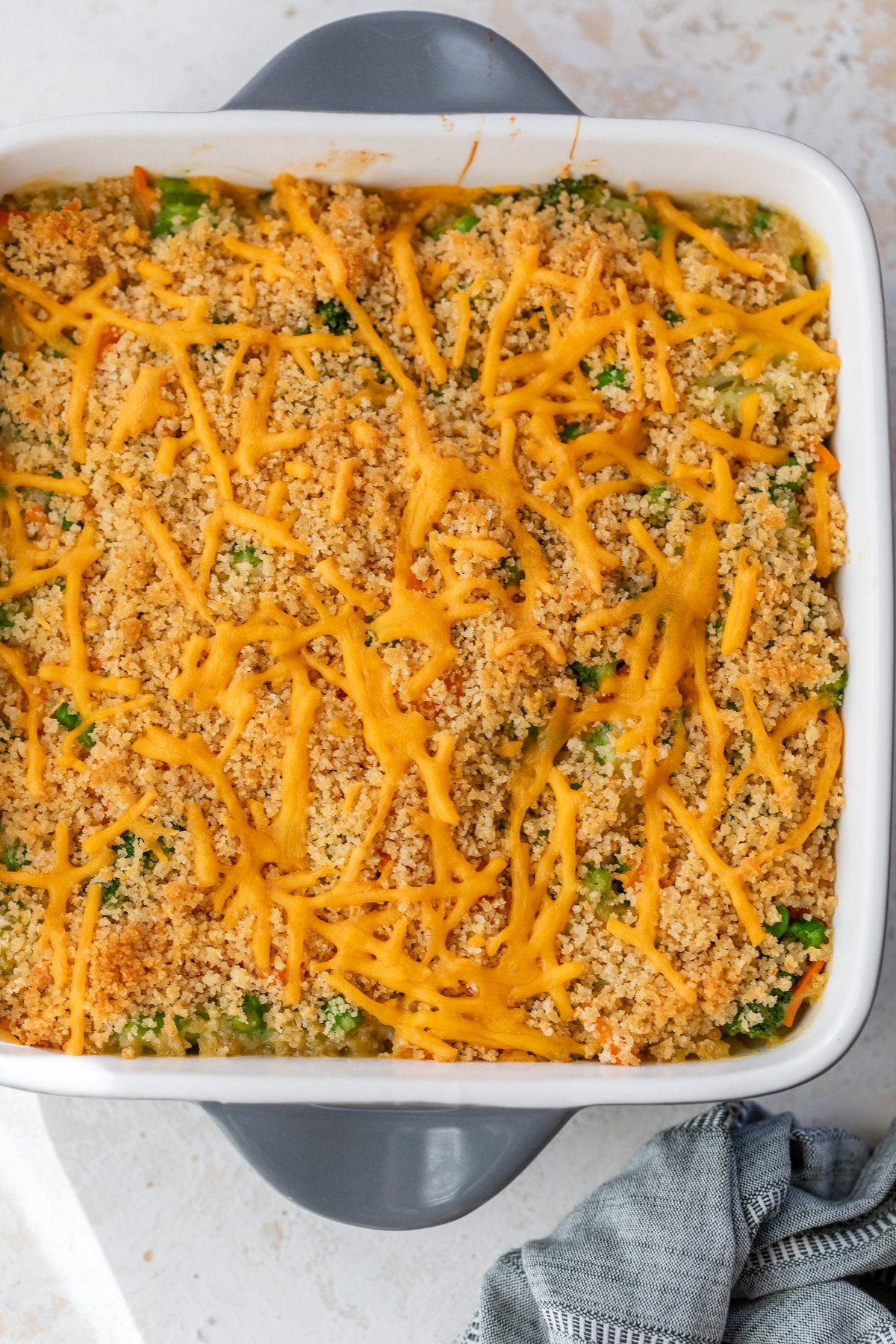 Overhead view of vegetable casserole in baking dish