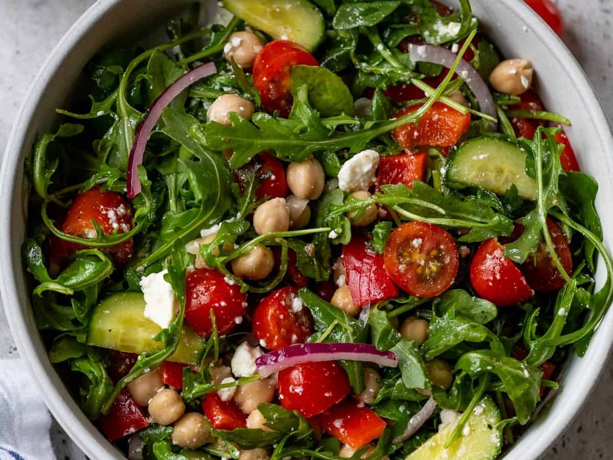 Overhead view of Mediterranean salad in bowl