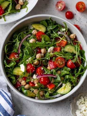 Overhead view of Mediterranean salad in bowl