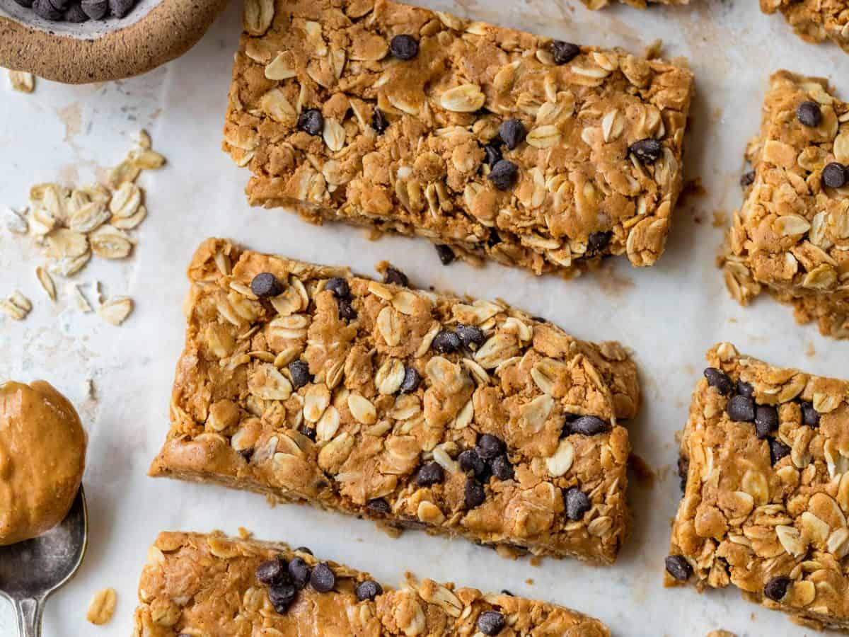 Peanut butter protein bars with chocolate chips