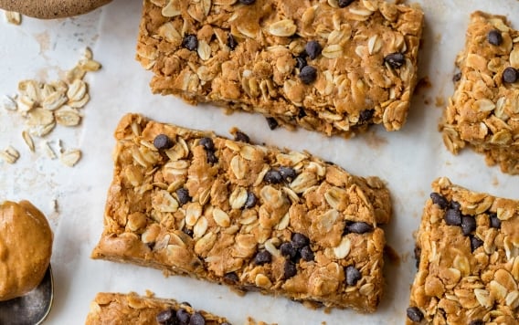 Peanut butter protein bars with chocolate chips