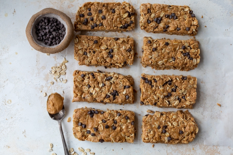 Cut peanut butter protein bars with chocolate chips