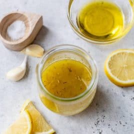 Top-down view of lemon vinaigrette in jar