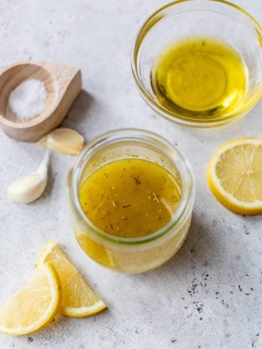 Top-down view of lemon vinaigrette in jar
