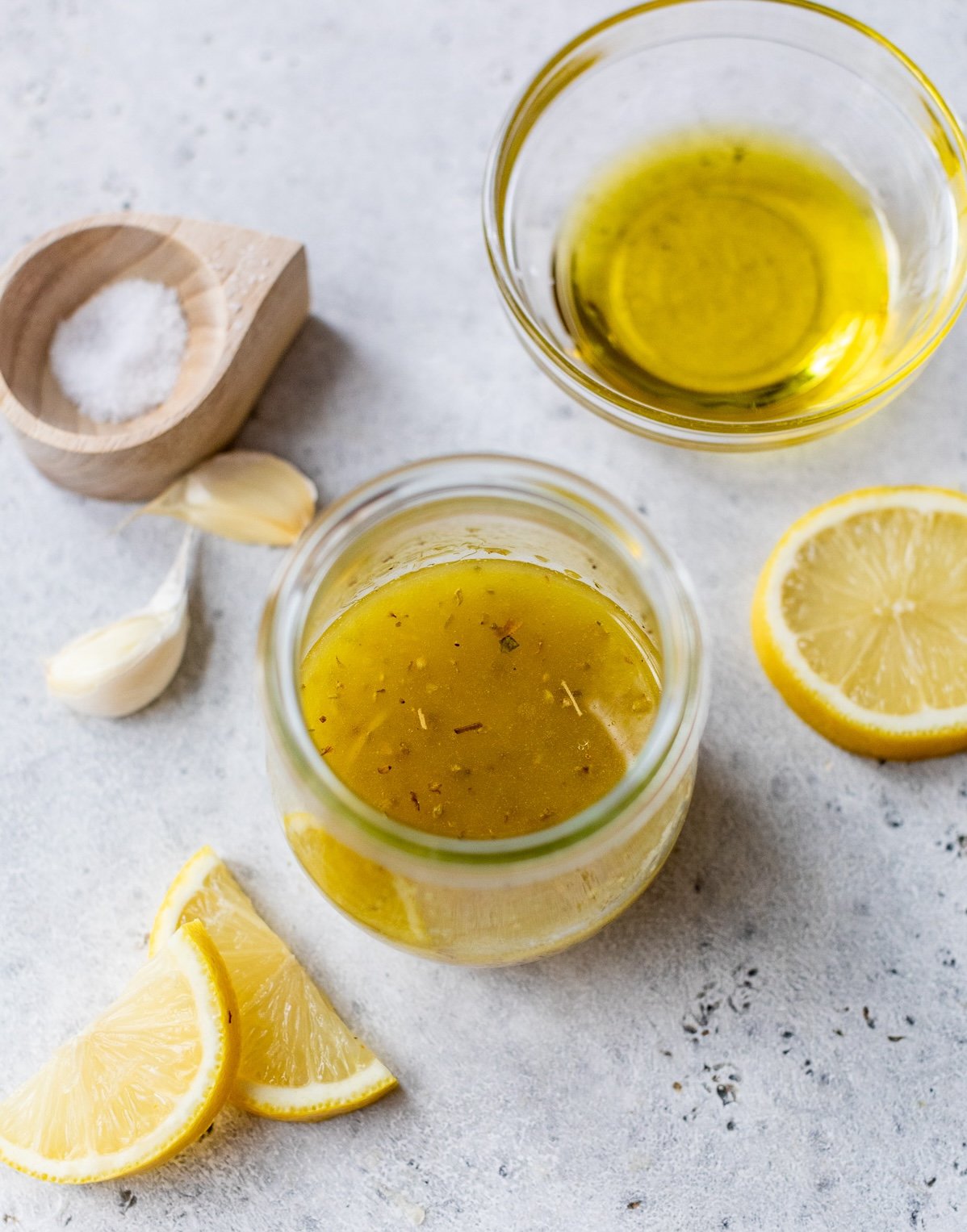 Top-down view of lemon vinaigrette in jar