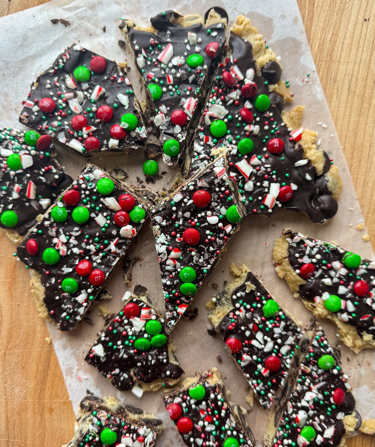high protein cookie dough bark with christmas sprinkles