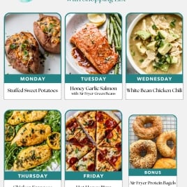 Weekly meal plan graphic for families featuring budget-friendly dinners: stuffed sweet potatoes, honey garlic salmon with green beans, white bean chicken chili, chicken Francese, hot honey pizza, plus a free bonus recipe—air fryer protein bagels.