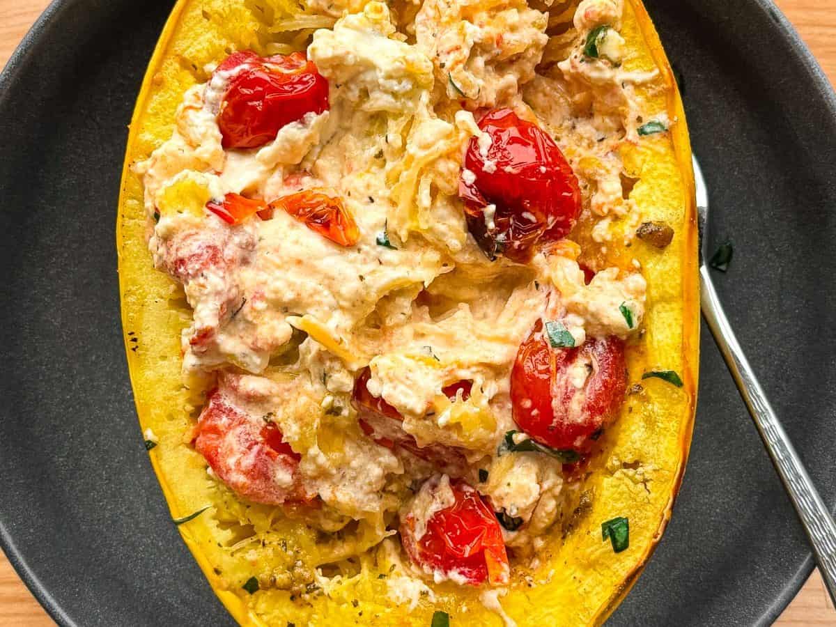 baked spaghetti squash with feta and tomato