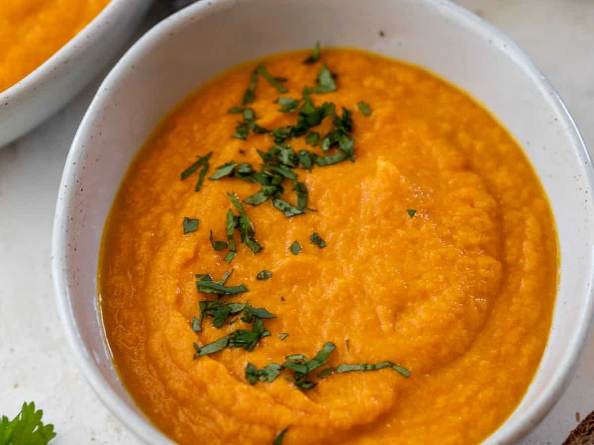 Bowl of creamy carrot ginger soup