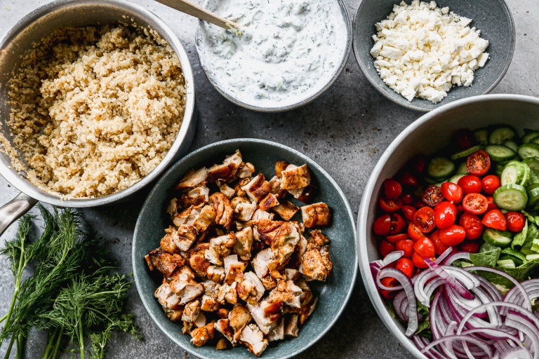 Overhead view of components for Greek bowls