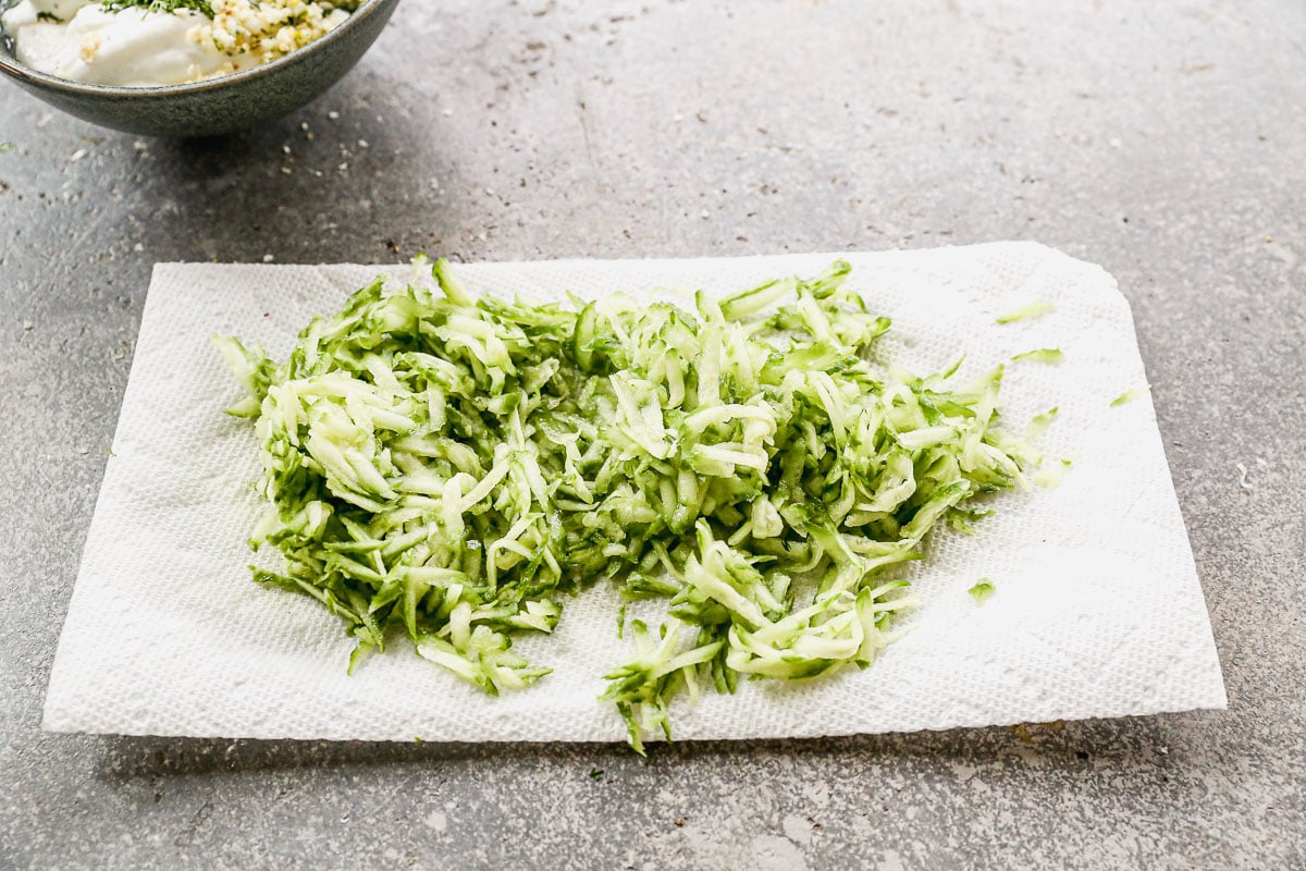 Grated cucumber on paper towels