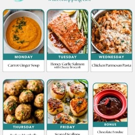 Introducing Weekly Meal Plan 2.2.25: Start your week with Carrot Ginger Soup on Monday, indulge in Honey Garlic Salmon with Cheesy Broccoli Tuesday, savor Chicken Parmesan Pasta Wednesday, enjoy Turkey Meatballs Thursday, delight in Seared Scallops Friday, and treat yourself to Chocolate Fondue for dessert.