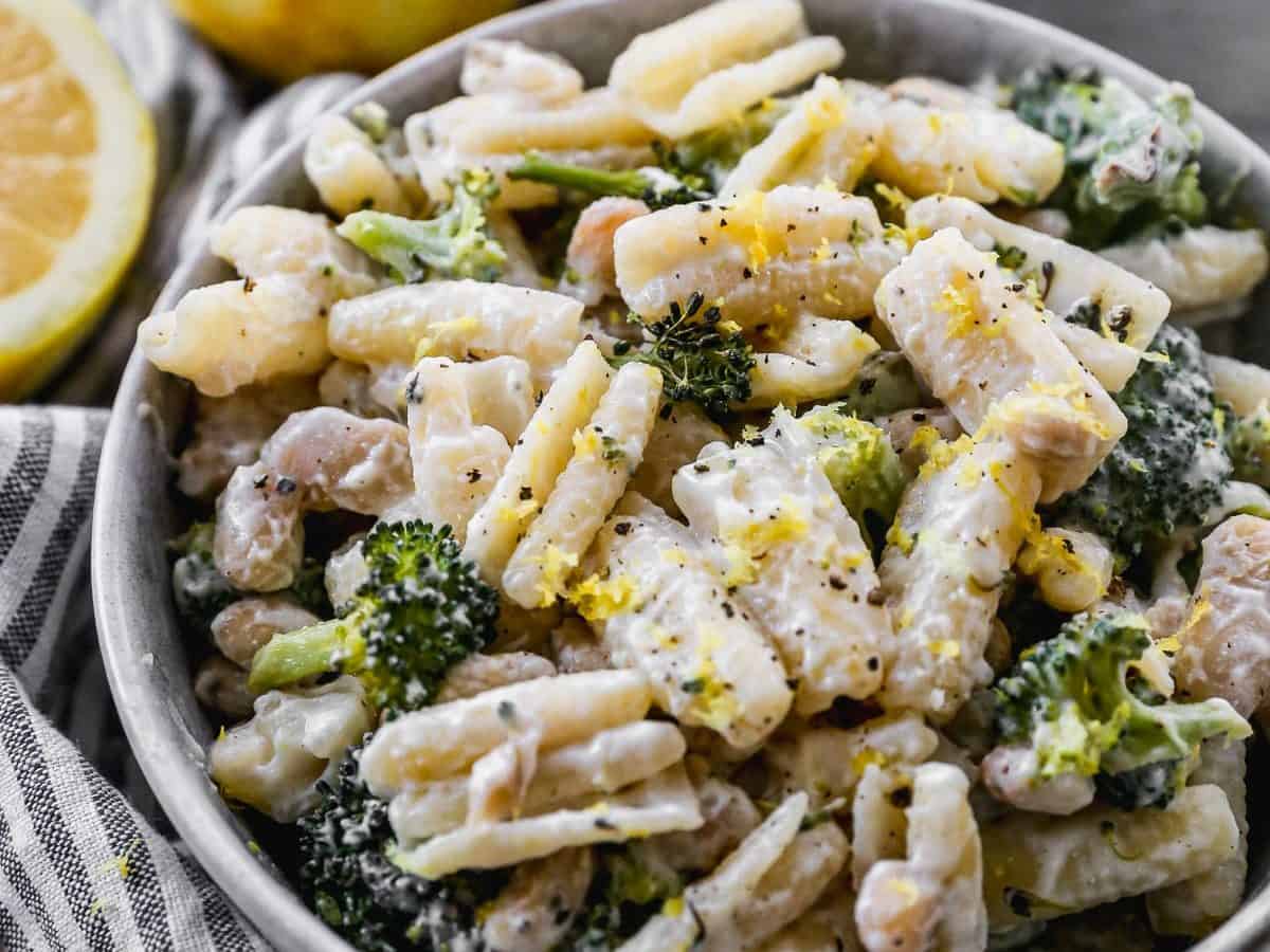 Creamy cavatelli and broccoli in bowl