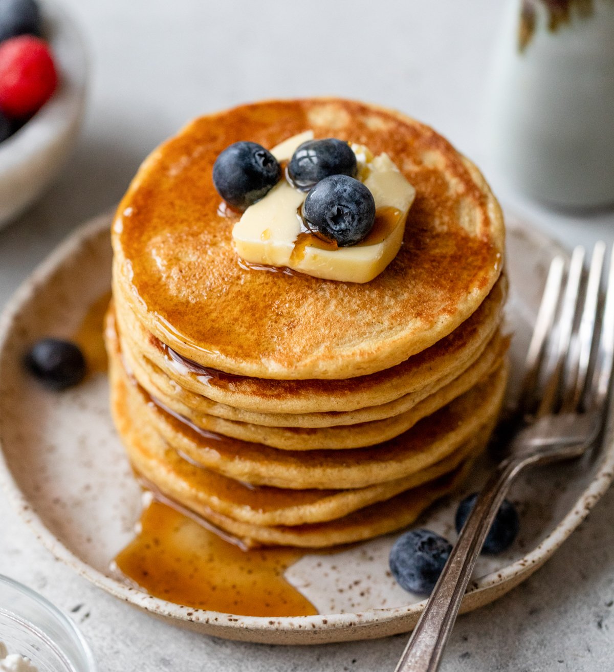 A stack of cottage cheese pancakes