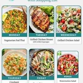 Free weekly meal plan with images of Vegetarian Pad Thai, grilled chicken, chicken salad, chicken and rice, pasta, and watermelon salad.