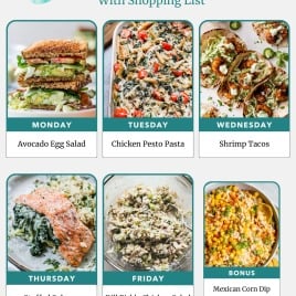 Weekly meal plan featuring avocado egg salad, chicken pesto pasta, shrimp tacos, stuffed salmon, dill chicken salad, and corn dip.