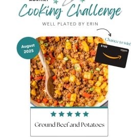 Ground beef and potatoes in a skillet for a monthly cooking challenge with a chance to win a $100 Amazon gift card.