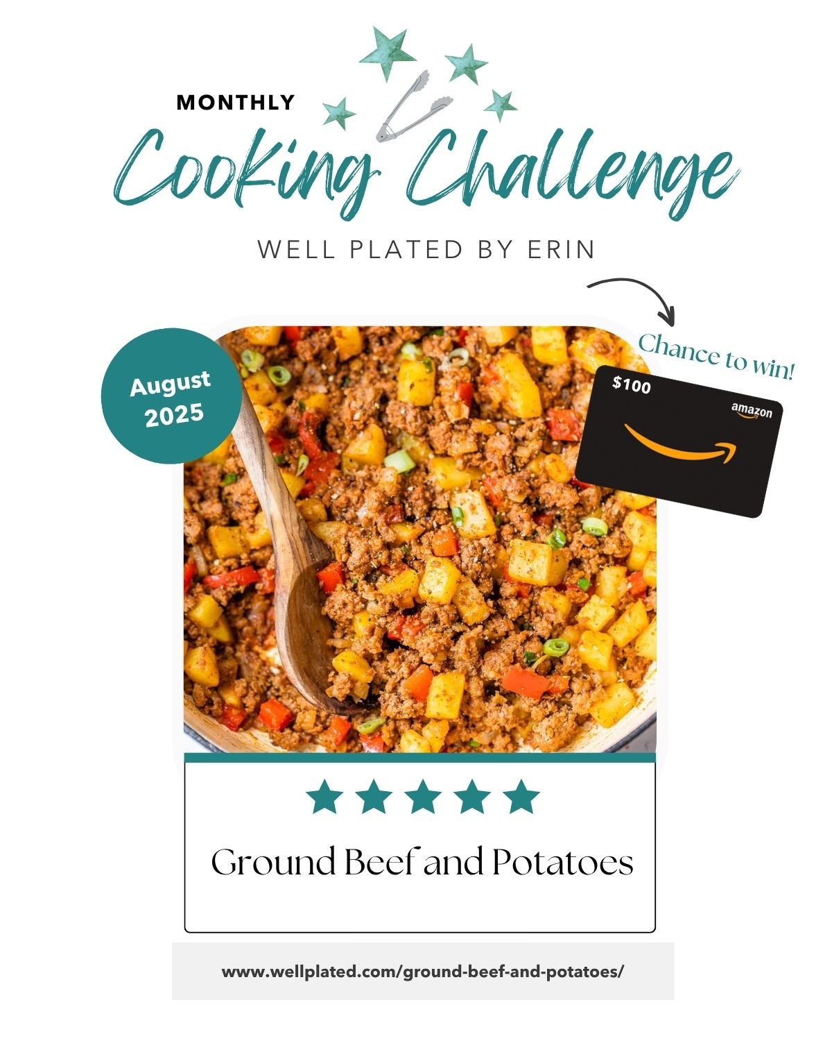 Colorful skillet with ground beef, diced potatoes, peas, and carrots for a cooking challenge with a $100 Amazon gift card prize.