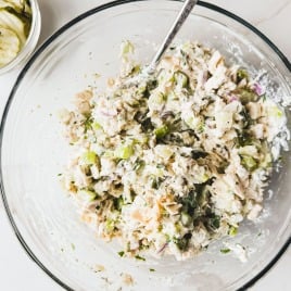 dill pickle chicken salad in a bowl