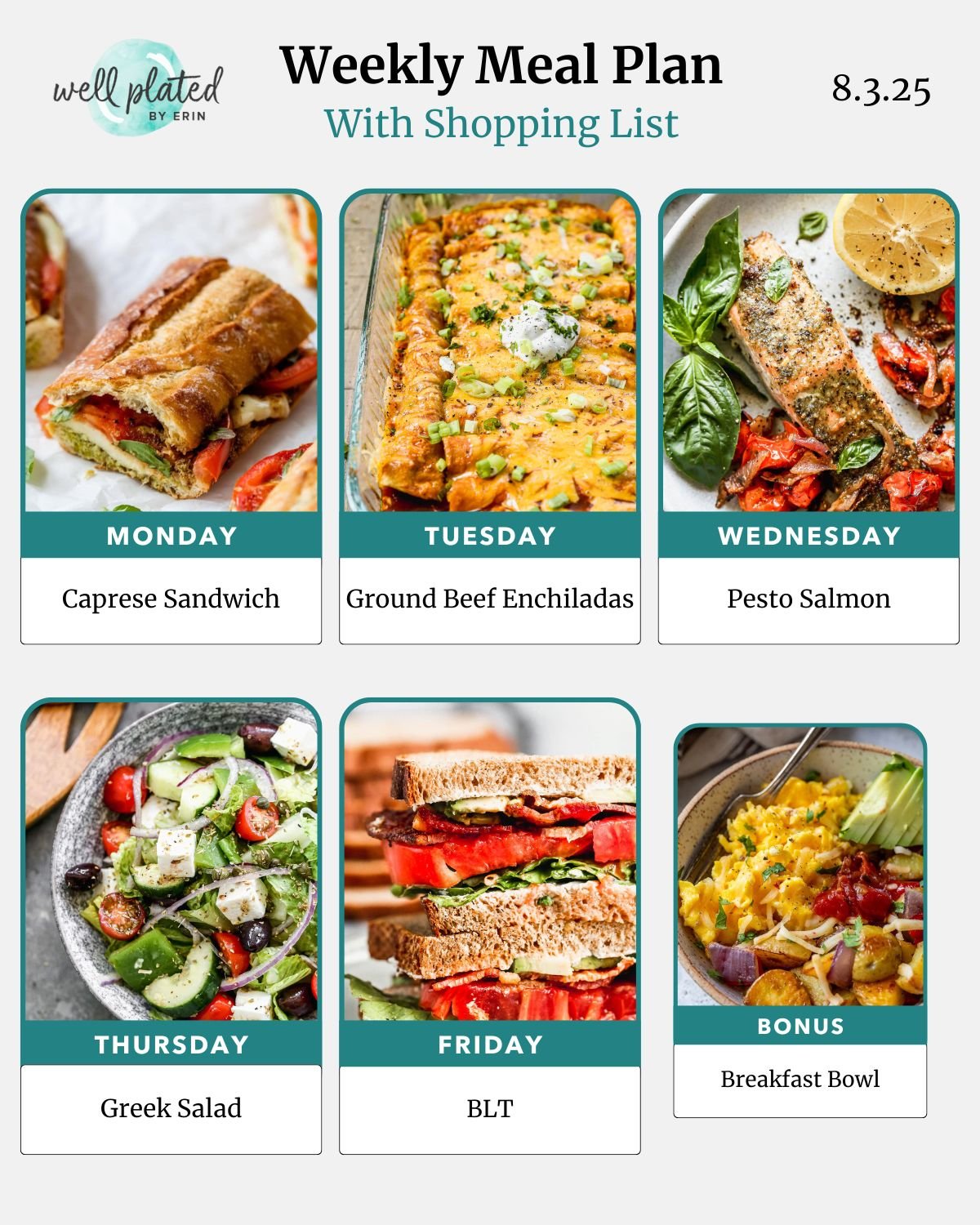 A weekly meal plan with images of a Caprese sandwich, enchiladas, pesto salmon, Greek salad, BLT, and breakfast bowl.