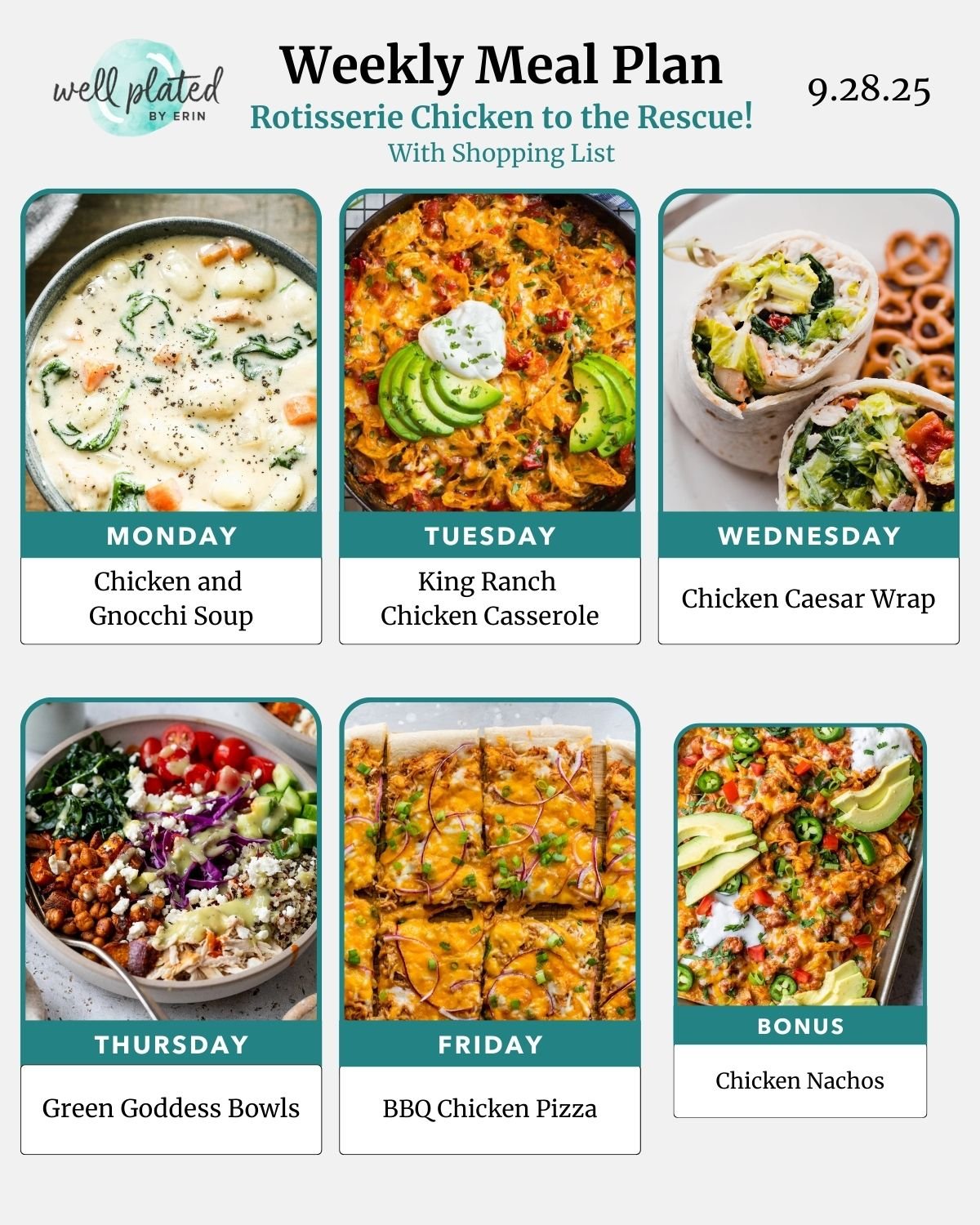 Weekly meal plan with images: soup, casserole, wrap, salad bowl, pizza, and nachos, labeled by day and dish name.