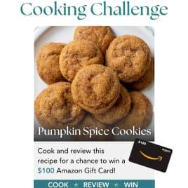 Plate of pumpkin spice cookies with text about a September cooking challenge to win a $100 Amazon gift card.