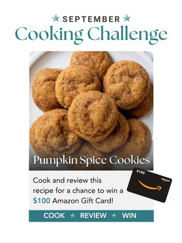 Plate of pumpkin spice cookies with text about a September cooking challenge to win a $100 Amazon gift card.
