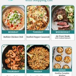 Weekly meal plan featuring photos of buffalo chicken chili, stuffed pepper casserole, steak, shrimp fajitas, pasta, and muffins.