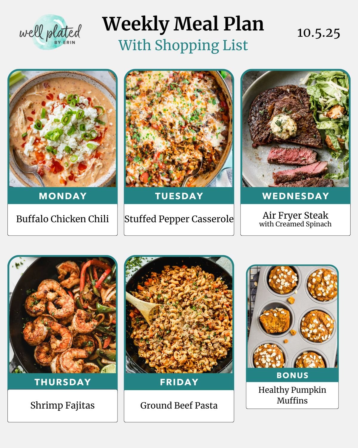 Weekly meal plan featuring photos of buffalo chicken chili, stuffed pepper casserole, steak, shrimp fajitas, pasta, and muffins.