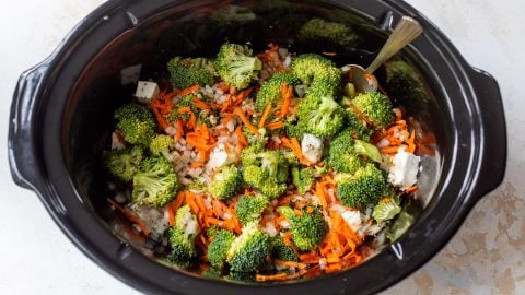 Ingredients for broccoli cheese soup in slow cooker.