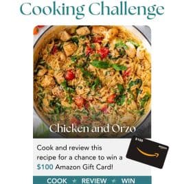 Skillet of chicken and orzo with vegetables; text about October cooking challenge and $100 Amazon gift card prize.
